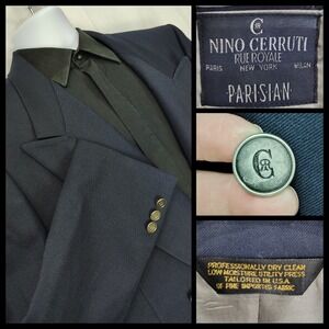 Nino Cerruti Rue Royale Blazer Mens 44L Navy Double Breasted 100% Wool‎ Peak